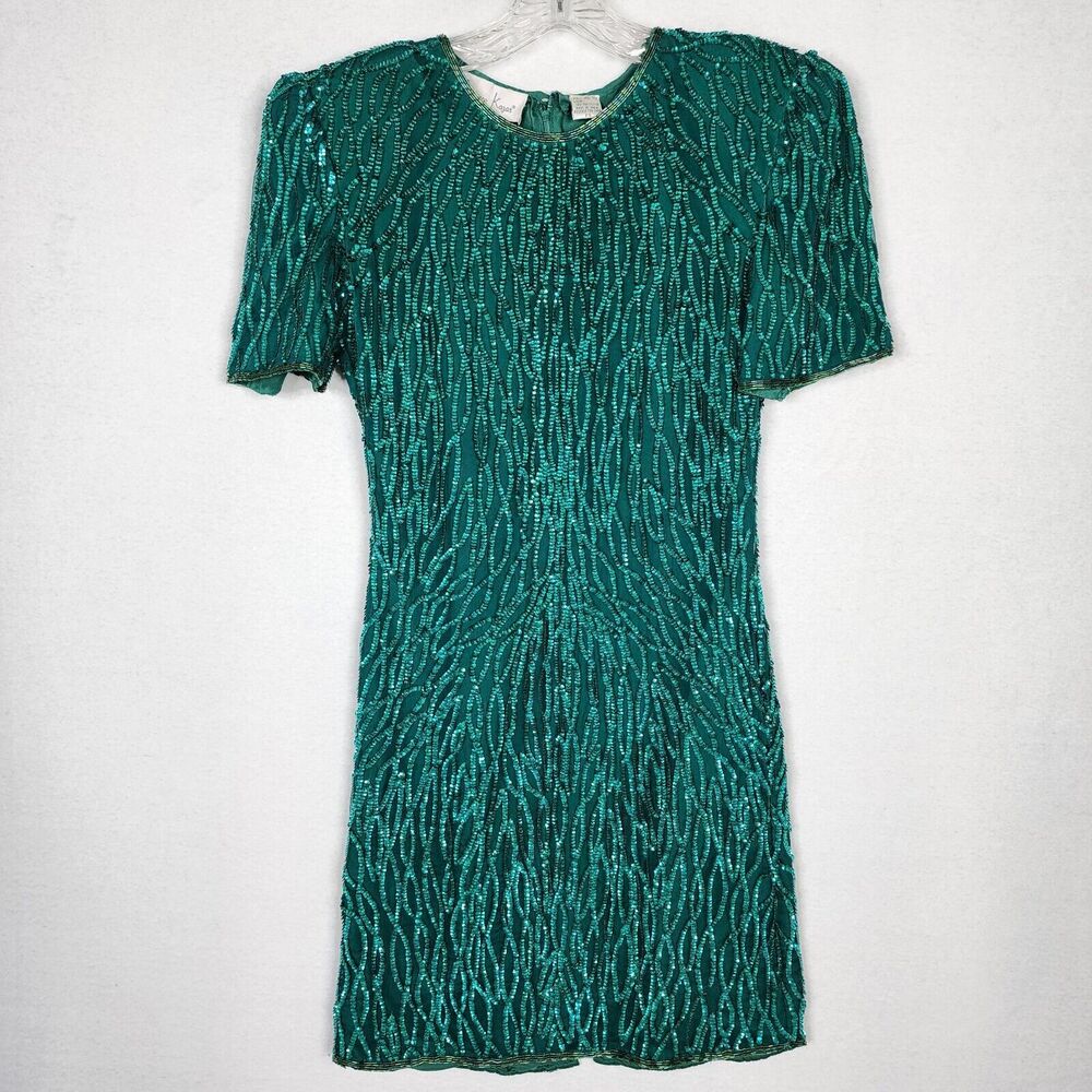 Vintage Laurence Kazar Emerald Green Silk Sequin Beaded Dress Holiday Petite S